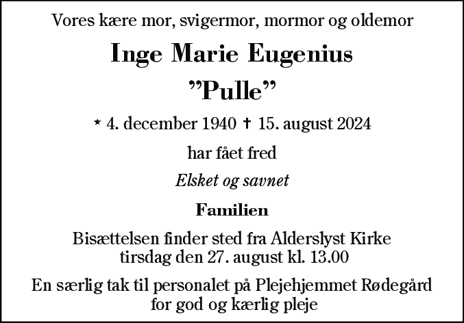 Dødsannonce for Inge Marie Eugenius