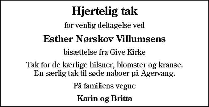 Dødsannonce for Esther Nørskov Villumsen