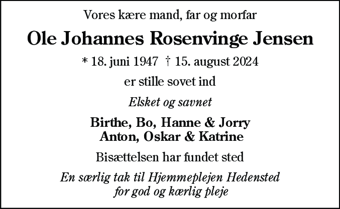 Dødsannonce for Ole Johannes Rosenvinge Jensen