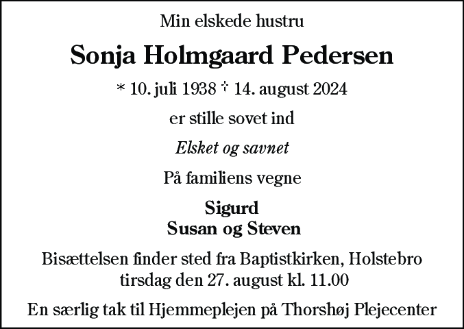 Dødsannonce for Sonja Holmgaard Pedersen