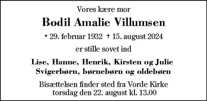 Dødsannonce for Bodil Amalie Villumsen