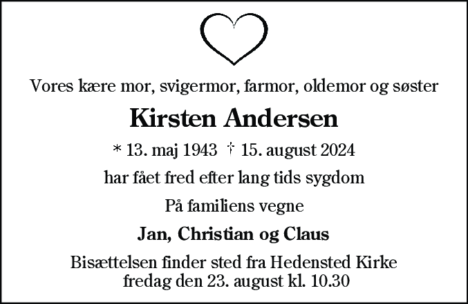 Dødsannonce for Kirsten Andersen