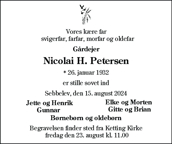 Dødsannonce for Nicolai Heinrich Petersen