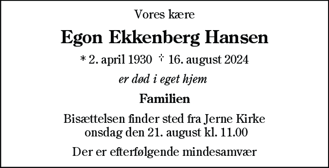 Dødsannonce for Egon Ekkenberg Hansen
