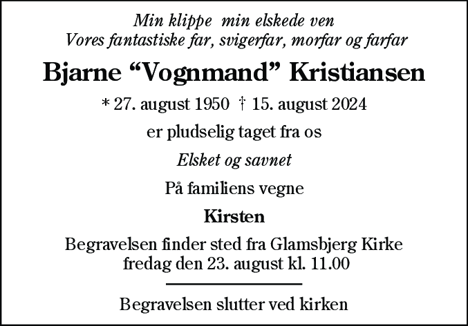 Dødsannonce for Bjarne Christiansen