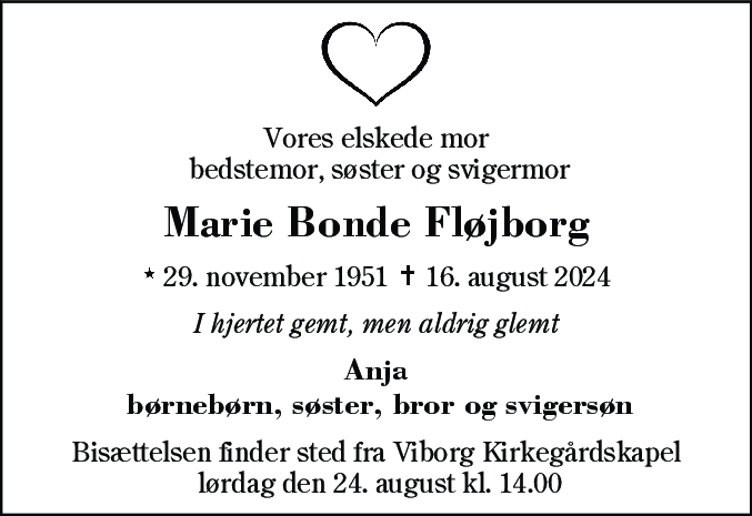 Dødsannonce for Marie Bonde Fløjborg