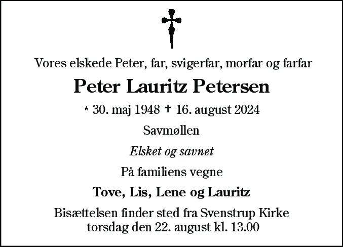Dødsannonce for Peter Lauritz Petersen