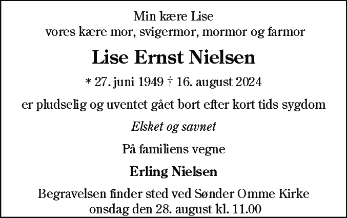 Dødsannonce for Lise Ernst Nielsen