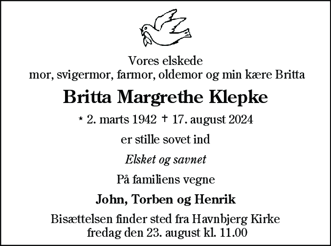 Dødsannonce for Britta Margrethe Klepke