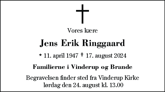 Dødsannonce for Jens Erik Ringgaard