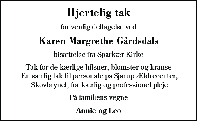 Dødsannonce for Karen Margrethe Gårdsdal