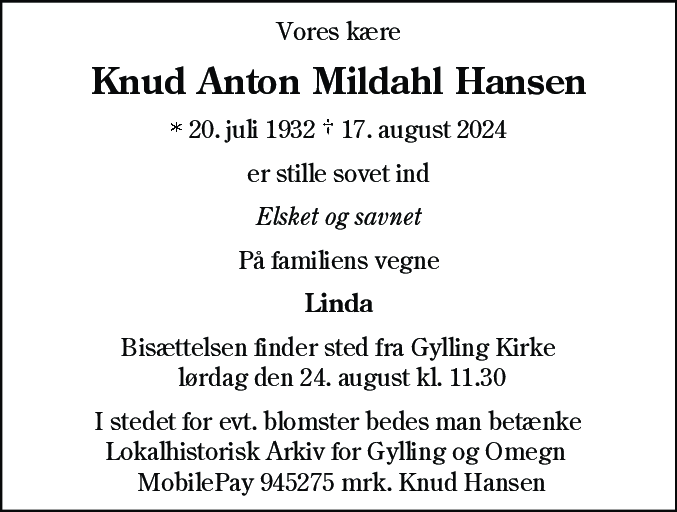 Dødsannonce for Knud Anton Mildahl Kaae Hansen