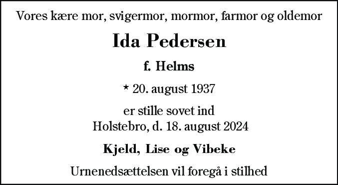 Dødsannonce for Ida Pedersen