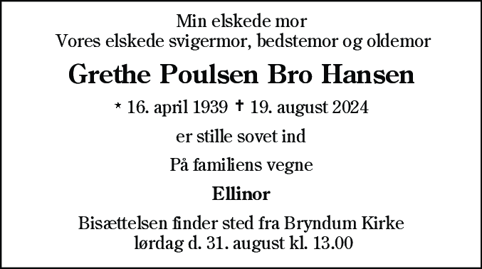 Dødsannonce for Grethe Poulsen Bro Hansen