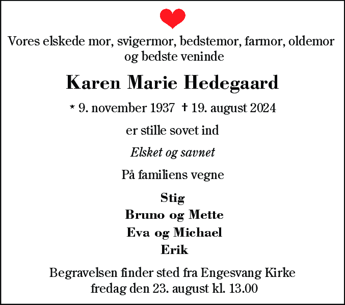 Dødsannonce for Karen Marie Hedegaard
