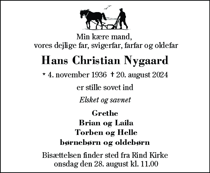 Dødsannonce for Hans Christian Nygaard