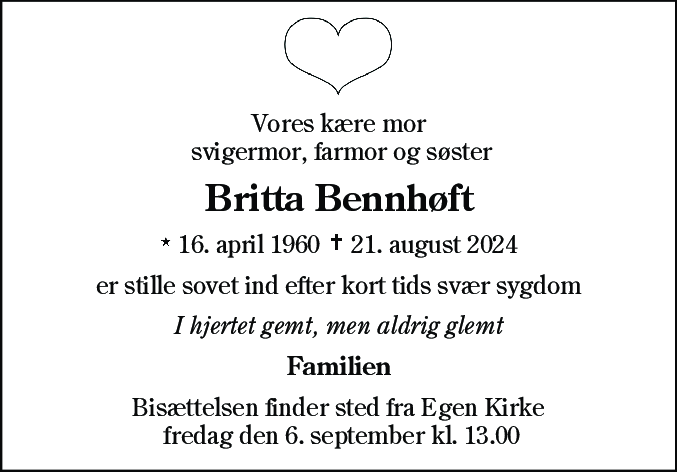 Dødsannonce for Britta Bennhøft