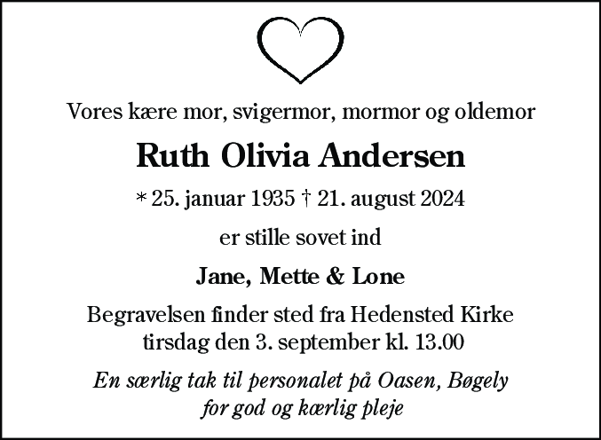Dødsannonce for Ruth Olivia Andersen