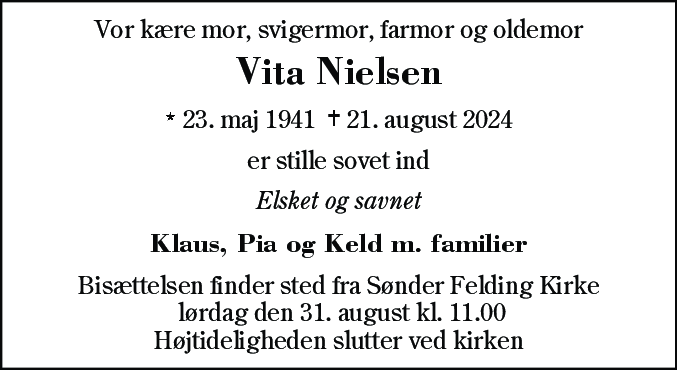 Dødsannonce for Vita Kirstine Møller Nielsen
