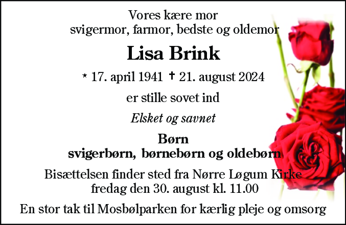 Dødsannonce for Lisa Brink