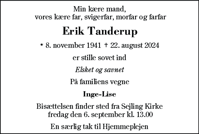 Dødsannonce for Erik Tanderup