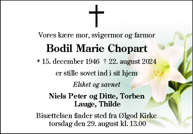 Dødsannonce for Bodil Marie Chopart
