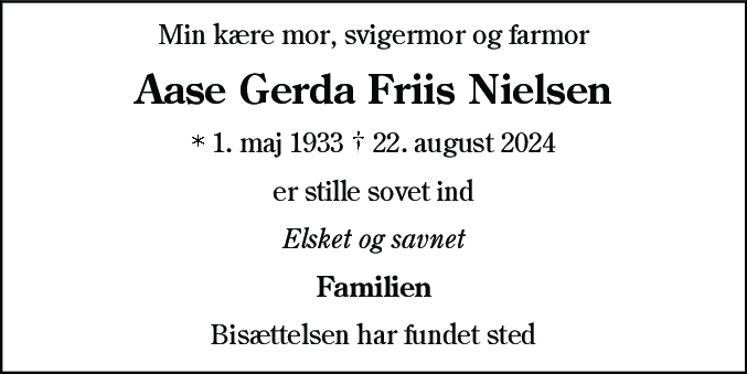 Dødsannonce for Aase Gerda Friis Nielsen