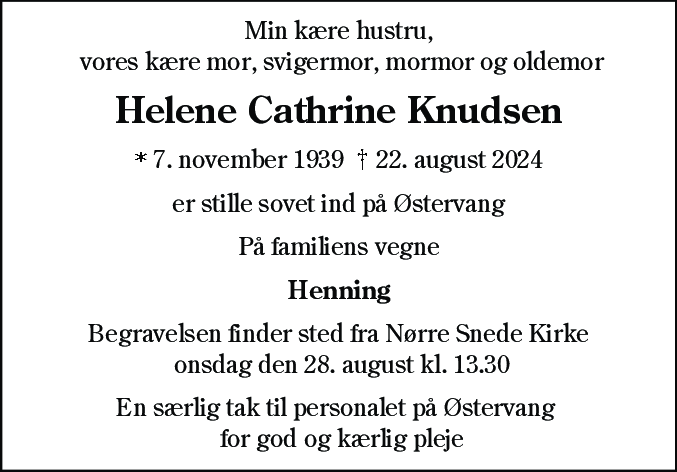 Dødsannonce for Helene Cathrine Knudsen
