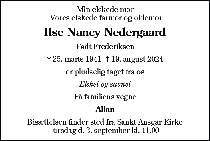 Dødsannonce for Ilse Nancy Nedergaard