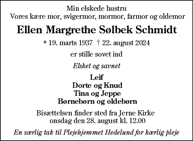 Dødsannonce for Ellen Margrethe Sølbek Schmidt