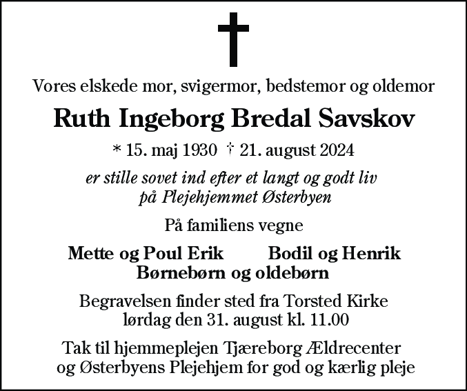 Dødsannonce for Ruth Ingeborg Bredal Savskov