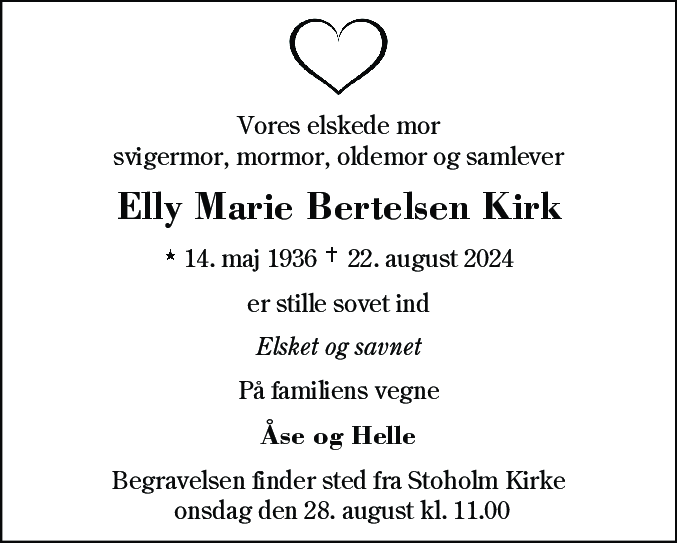 Dødsannonce for Elly Marie Bertelsen Kirk