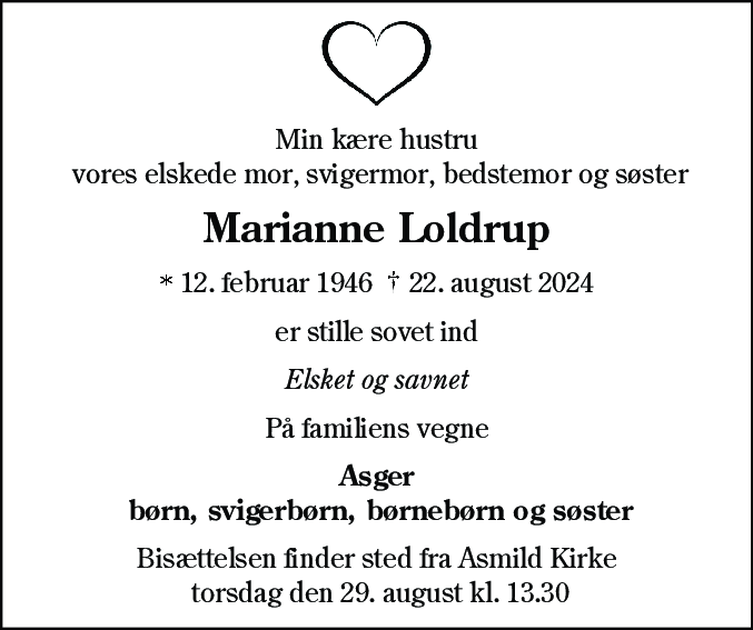 Dødsannonce for Marianne Loldrup