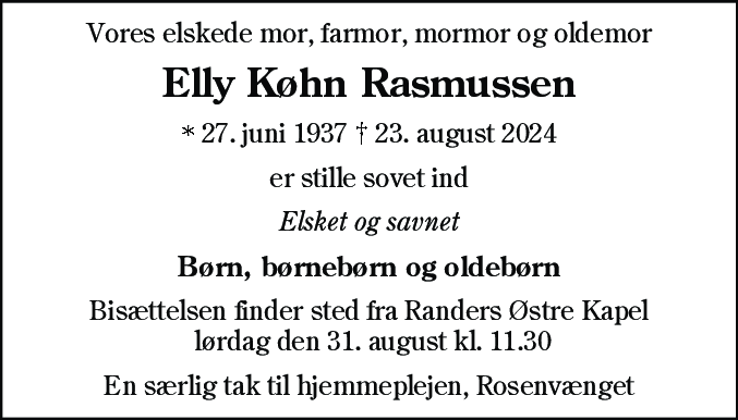 Dødsannonce for Elly Køhn Rasmussen