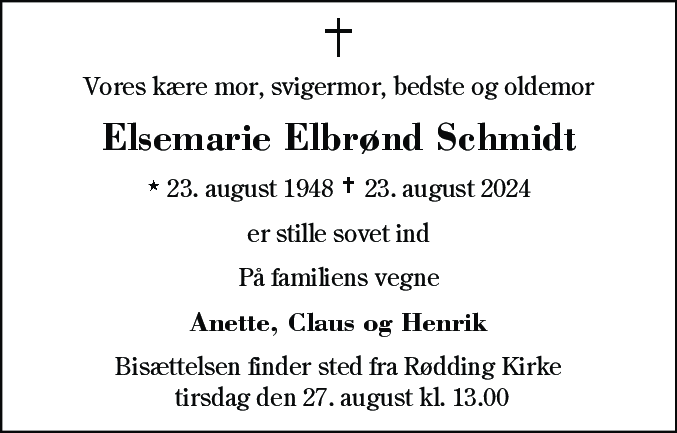 Dødsannonce for Elsemarie Kristiane Elbrønd Schmidt