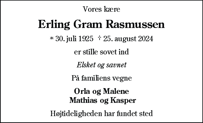Dødsannonce for Erling Gram Rasmussen