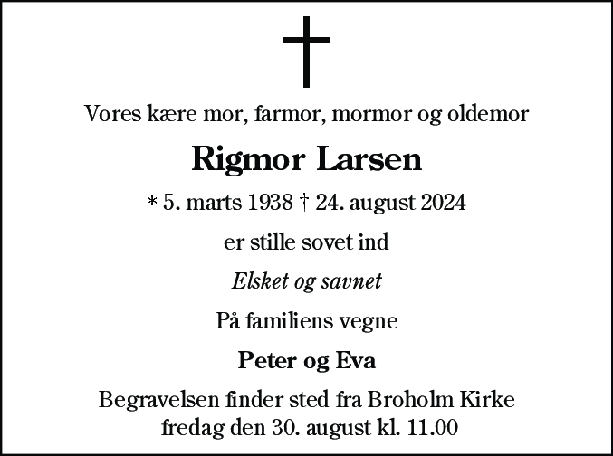 Dødsannonce for Rigmor Larsen
