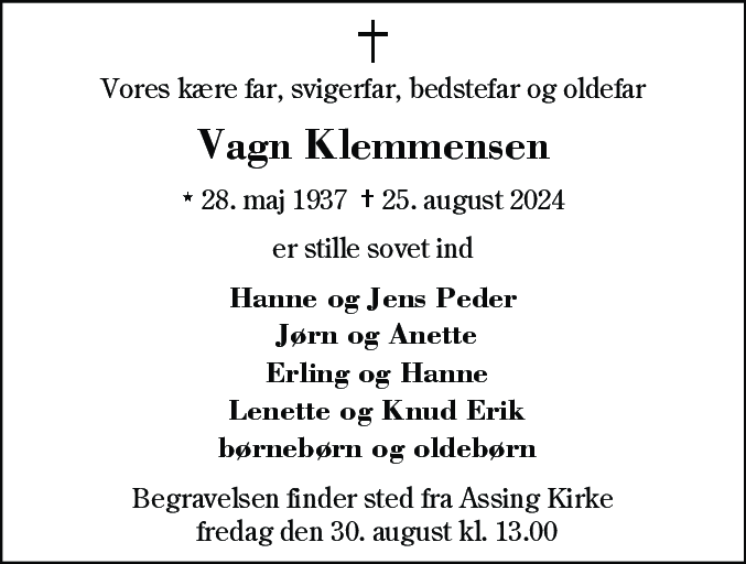 Dødsannonce for Vagn Klemmensen