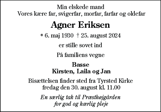 Dødsannonce for Agner Jørgen Eriksen