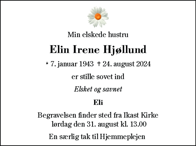Dødsannonce for Elin Irene Hjøllund