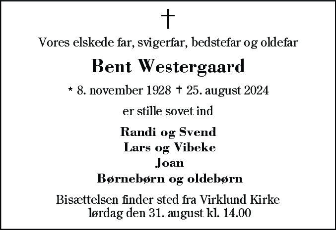 Dødsannonce for Bent Thorvald Christensen Vestergaard