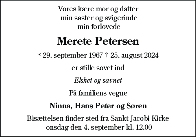 Dødsannonce for Merete Petersen