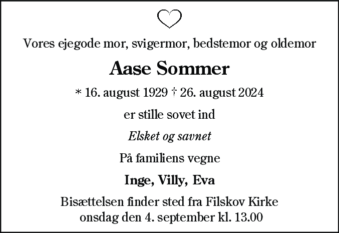 Dødsannonce for Aase Sommer