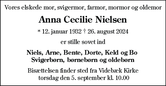Dødsannonce for Anna Cecilie Nielsen