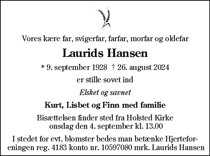 Dødsannonce for Laurids Hansen