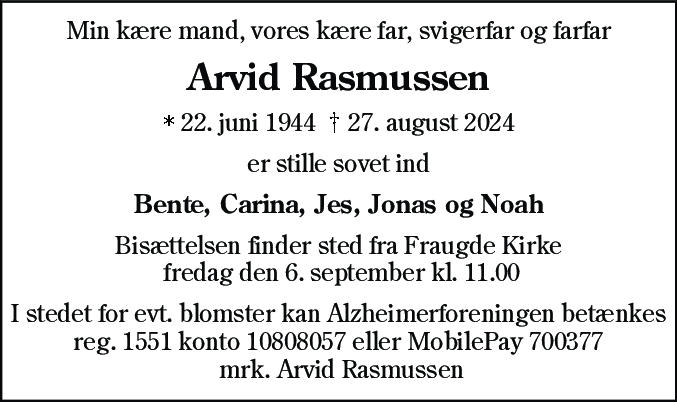 Dødsannonce for Arvid Rasmussen