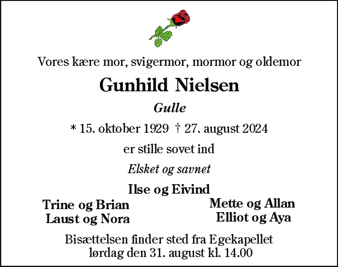 Dødsannonce for Gunhild Nielsen