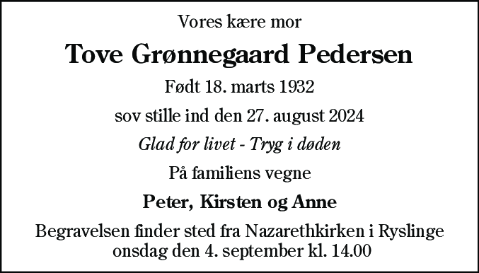 Dødsannonce for Tove Grønnegaard Pedersen
