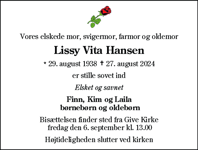 Dødsannonce for Lissy Vita Hansen