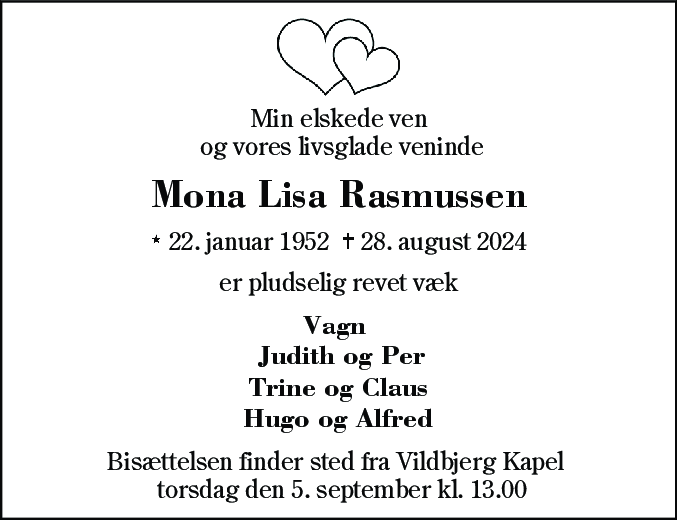 Dødsannonce for Mona Lisa Rasmussen